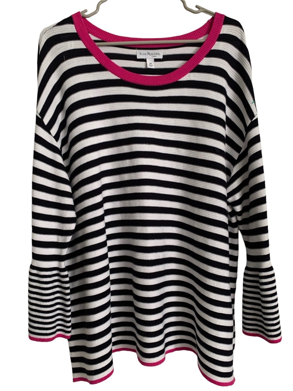 KIM ROGERS Women’s Black White Stripe Hot Pink Trim Rayon Blend Sweater
